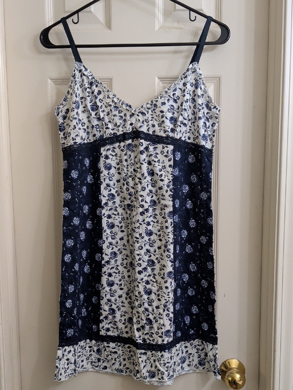 Navy and White Floral Satin Slip with Lace Trim